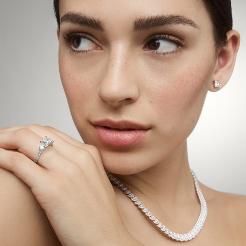 Modern Trellis Three Stone Lab-Grown Diamond Engagement in 18k White Gold