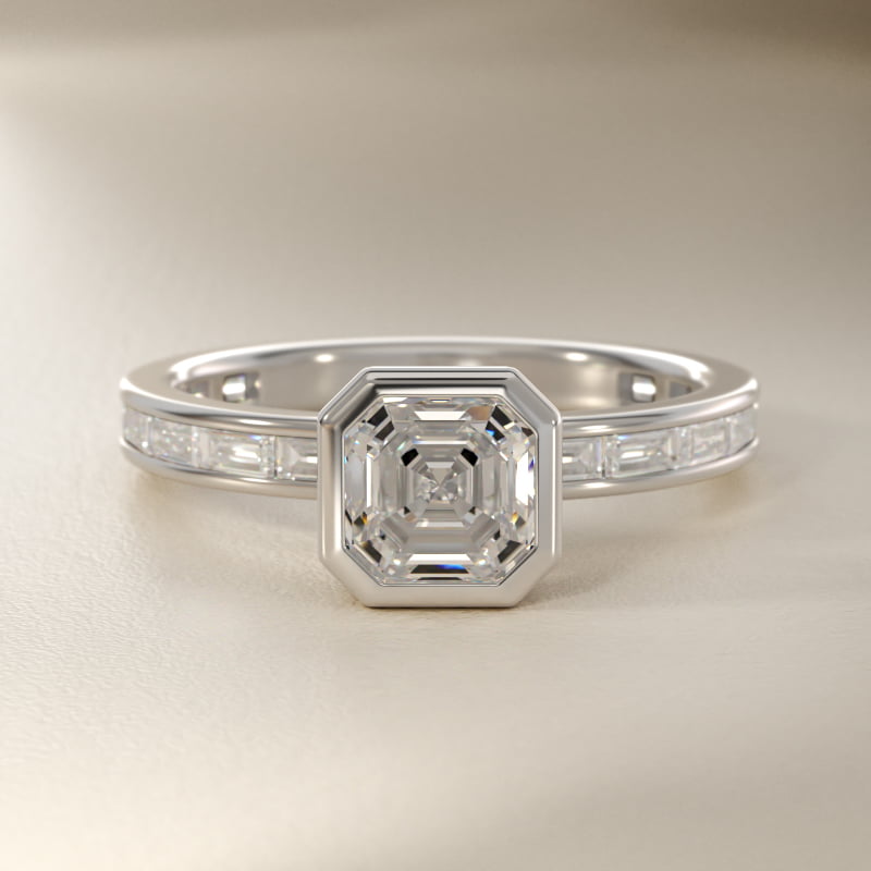 Bezel Engagement Ring with Channel Set Diamond Accent in 14K White Gold