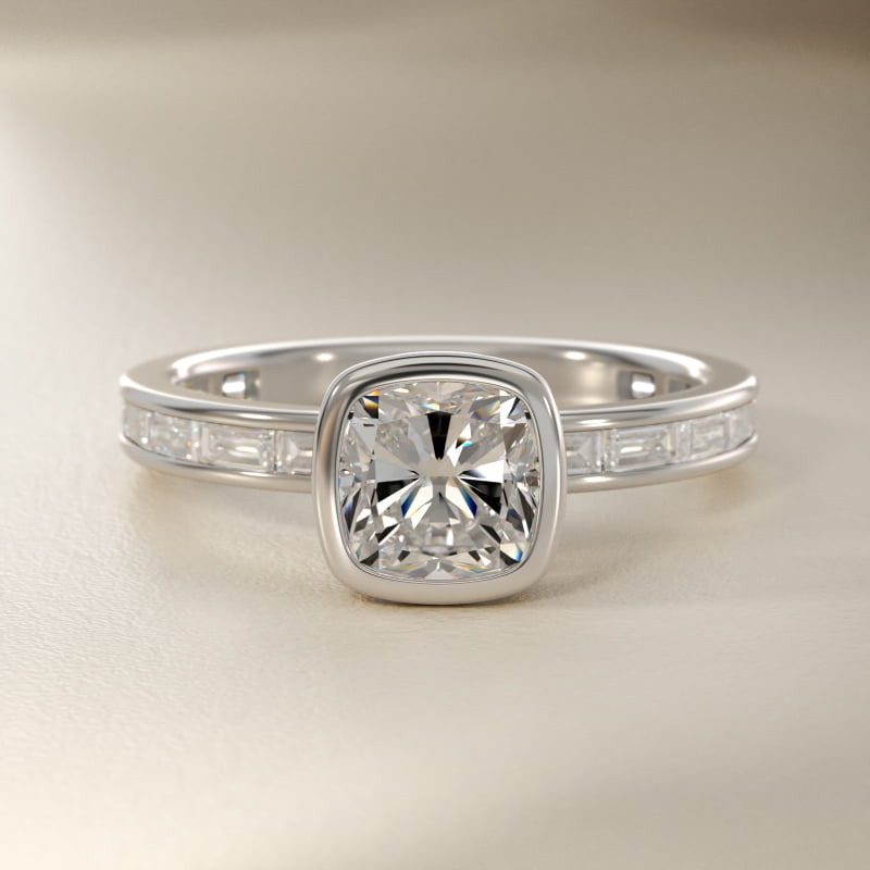 Bezel Engagement Ring with Channel Set Diamond Accent in 14K White Gold