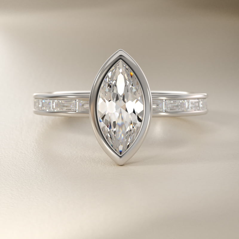 Bezel Engagement Ring with Channel Set Diamond Accent in 14K White Gold