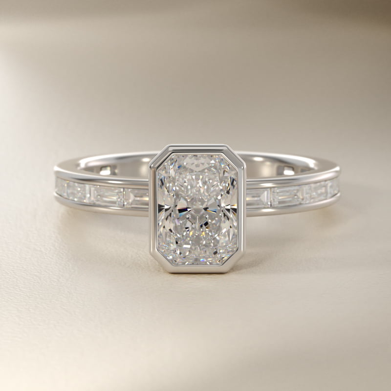 Bezel Engagement Ring with Channel Set Diamond Accent in 14K White Gold