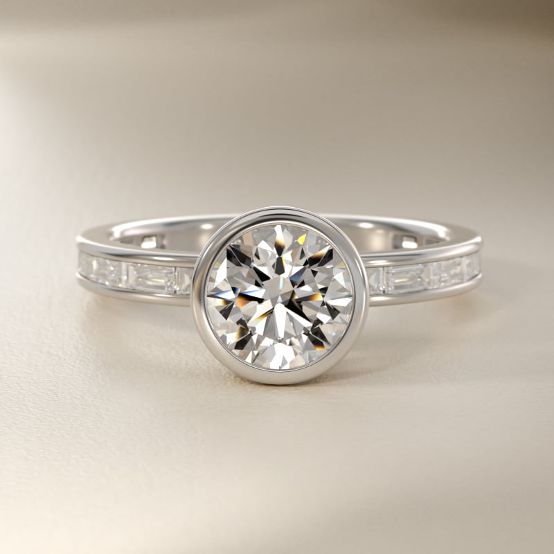 Bezel Engagement Ring with Channel Set Diamond Accent in 14K White Gold