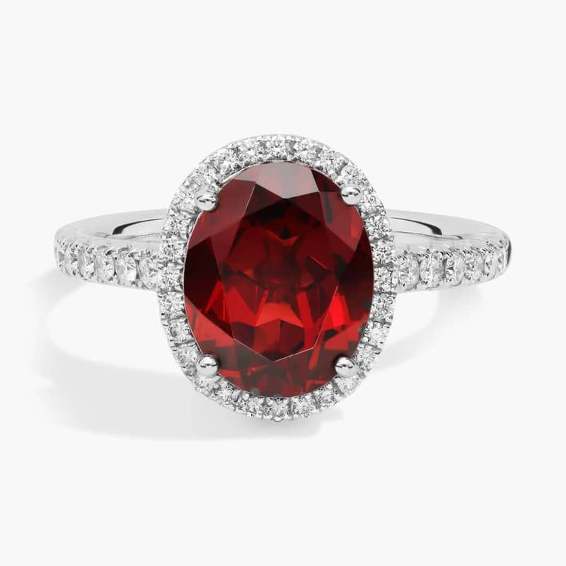 Garnet and Diamond Halo Ring in 18k White Gold (10x8mm)
