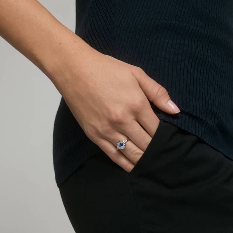 East-West Oval Cut Blue Sapphire and Pavé Diamond Ring In 14K White Gold