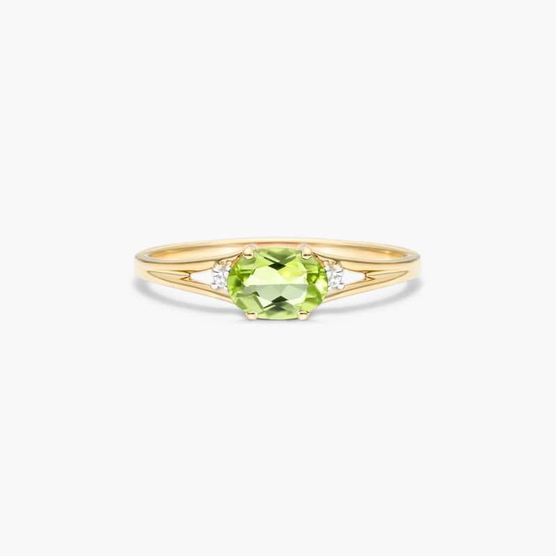 Oval Peridot And Diamond Accent Birthstone Ring In 14K Yellow Gold